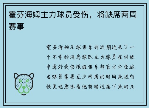霍芬海姆主力球员受伤，将缺席两周赛事